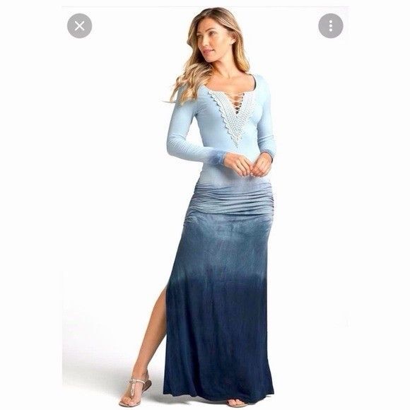 VENUS Dresses & Skirts - VENUS Blue Ombre Maxi Dress Medium Lace-Up Neck Long Sleeve Ruched Boho